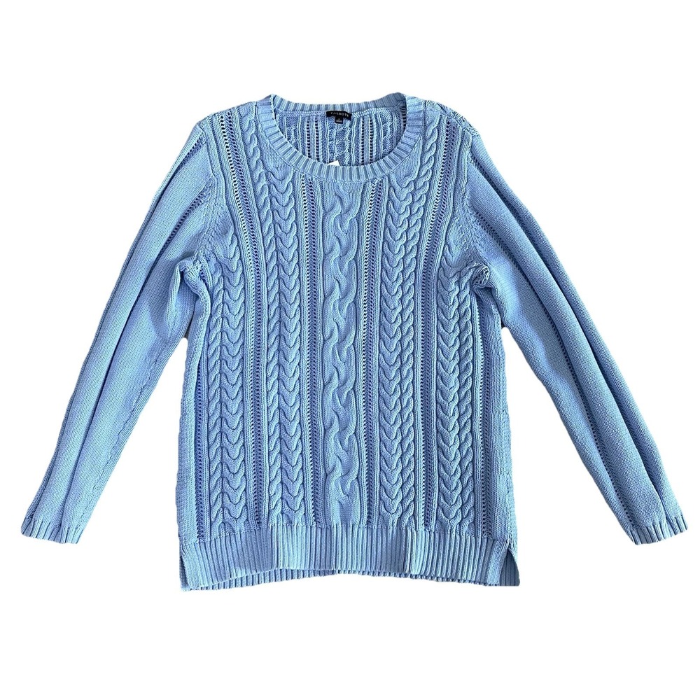 Talbots Women's Fisherman Tunic Sweater Large Blue Cable Knit Lightweight NWT